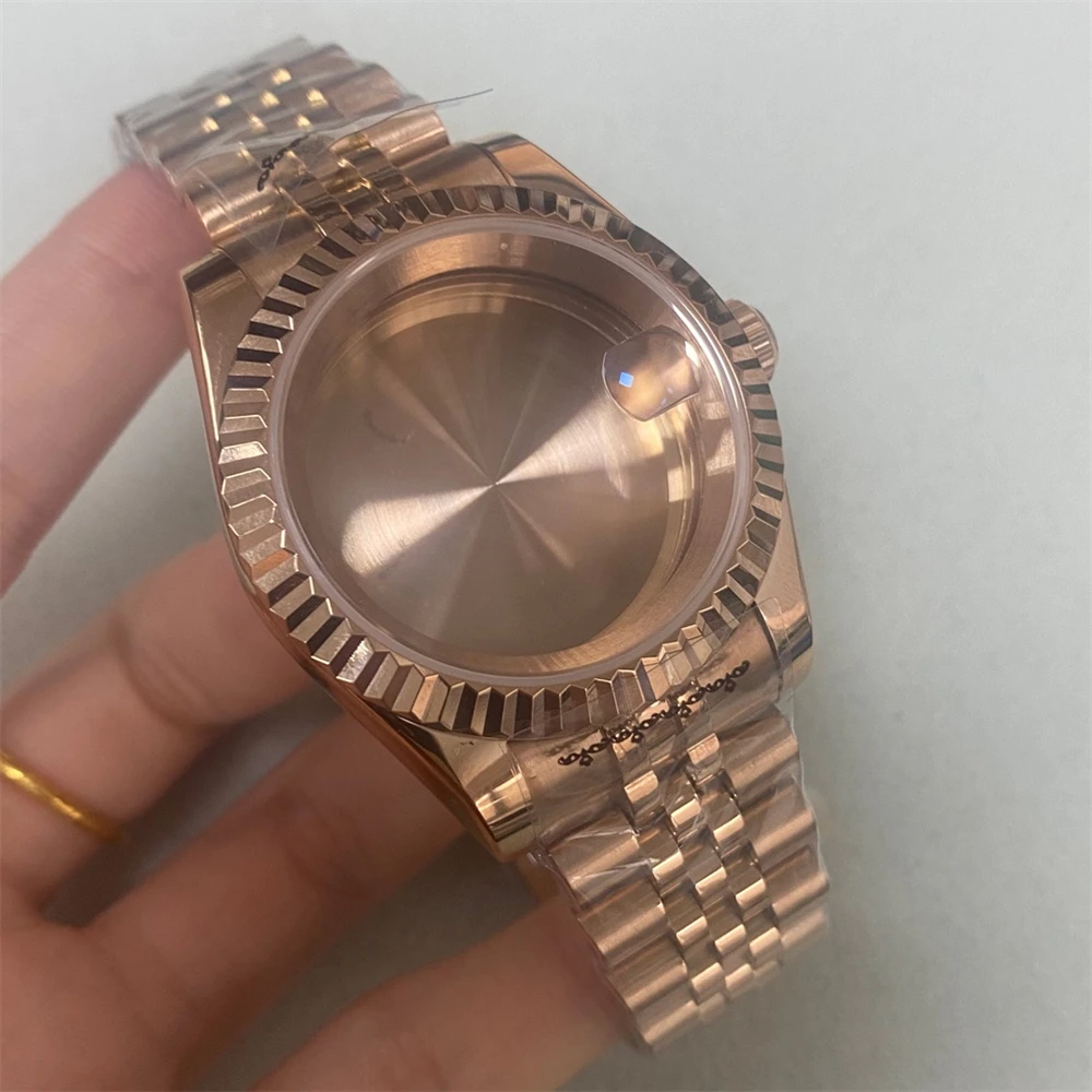 39Mm Oro Rosa Datejust Case Lunetta Scanalata + Jubilee Strap Steel Shell Zaffiro Lente D'Ingrandimento Per Movimento Nh35/ Nh36/ 4R/ 7S