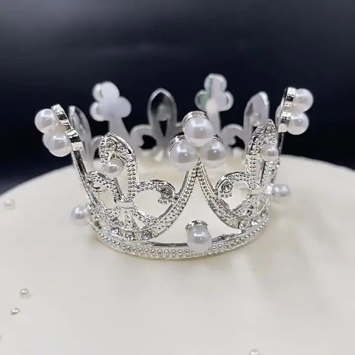 6 Mini Topper Per Torta A Forma Di Corona - Oro E Argento Con Strass E Perle - Decorazioni Per Cupcake, Compleanno E Matrimonio