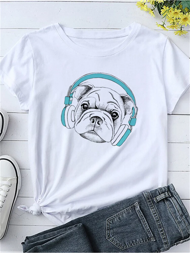 

Cute White Dog Pattern Printed Women's T-shirt Kawaii Fashion Cartoon T-shirts High Quality Woman Clothing Casual Femme Tee Top
