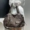 Y2K Hot Girl Single Shoulder Crossbody Bag Vintage Washed Leather Motorcycle Bag Large Capacity Multi Pocket Bag