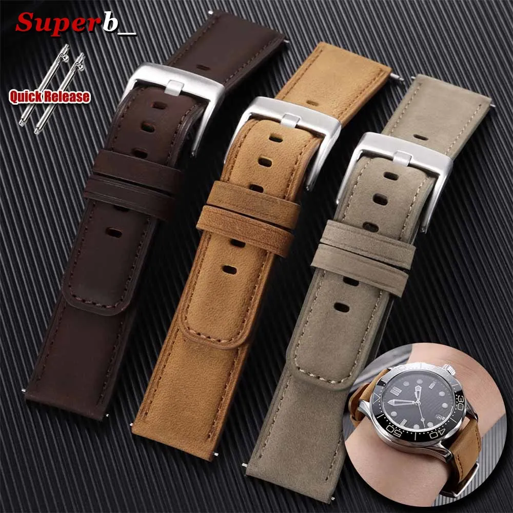 Vintage Matte Genuine Leather Watchband Bracelet in Black, Grey, and Brown