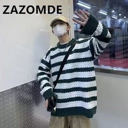 ZAZOMDE Autumn Knitted Striped Sweater Man Casual Oversized Pullovers Sweaters Loose Warm Jumper Streetwear Teen Knitwear Men