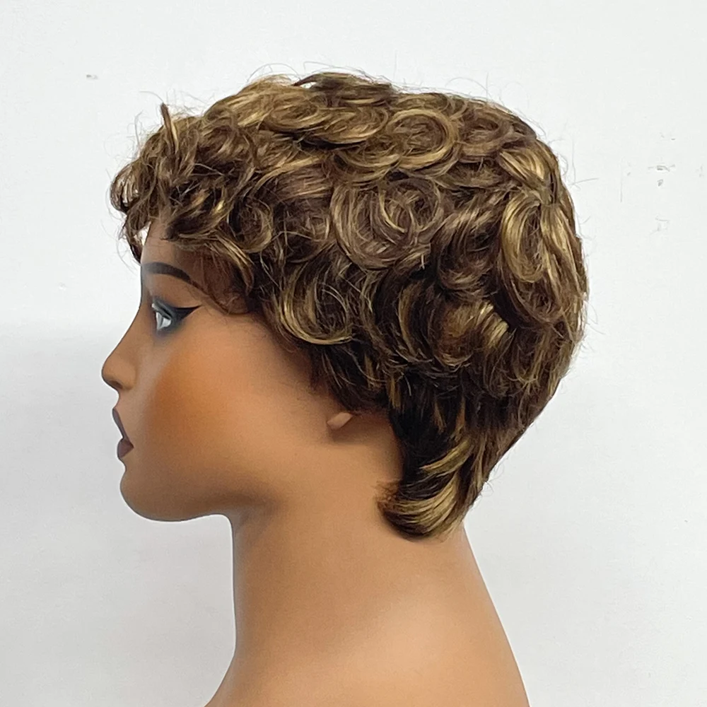 Full Machine Made Wigs Brazilian Remy Hair Pixie Cut Wig Short Bob 100% Human Hair Curly Wig With Bangs Glueless For Black Women