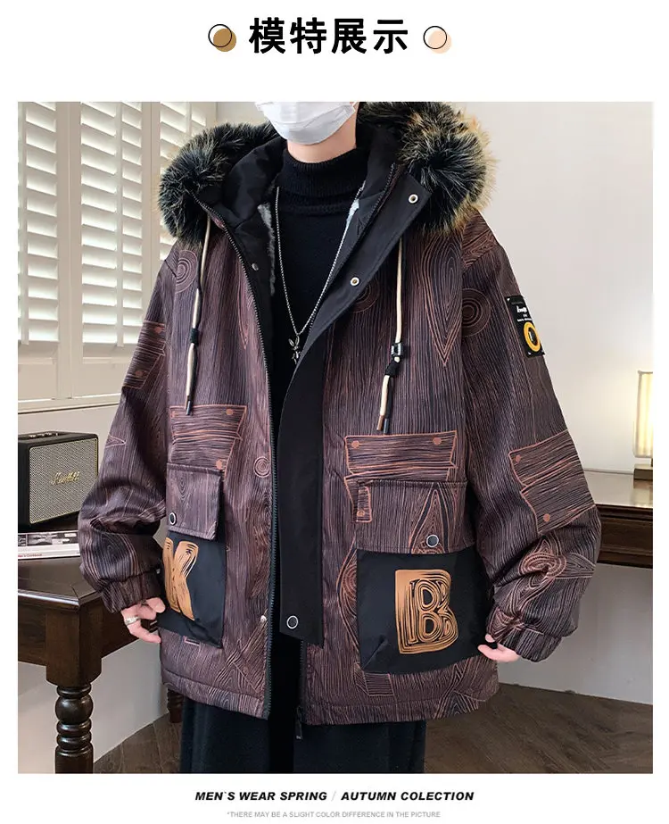 Modische Winter-Herrenjacken mit Kapuze, Warme Casual Fleece-Jacken, Jugendliche Streetwear, Dicke Plüsch-Mäntel, Outdoor Loose-Fit Winddichte Oberteile, Parkas – Detail 9