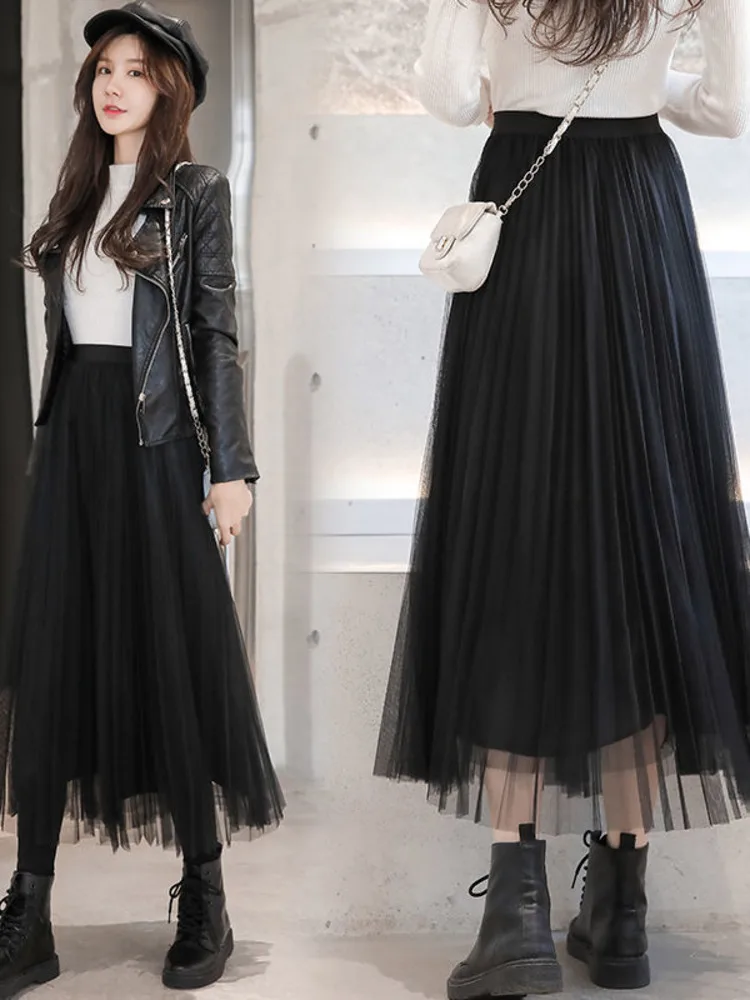 

Vintage Tulle Skirt Women Elastic High Waist 3 Layers A-line Pleated Mesh Skirt Long Bride Tutu Skirts Female Jupe Longue