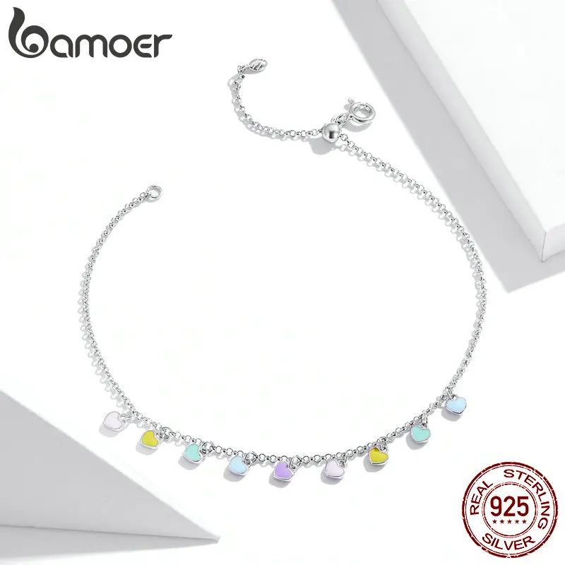925 Sterling Silver Enamel Heart Pendant Anklet for Women