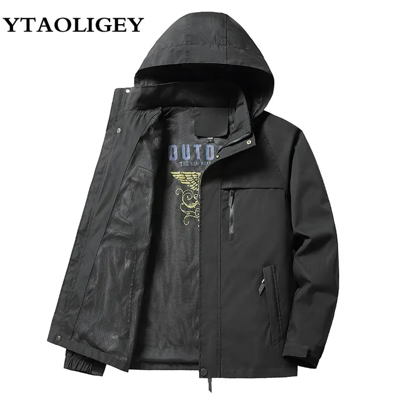 

Men Spring Outerwear Windproof Jacket Detachable Hooded Coats Mens Loose Solid Windbreaker Zipper Hat Jackets Plus Size M-8XL