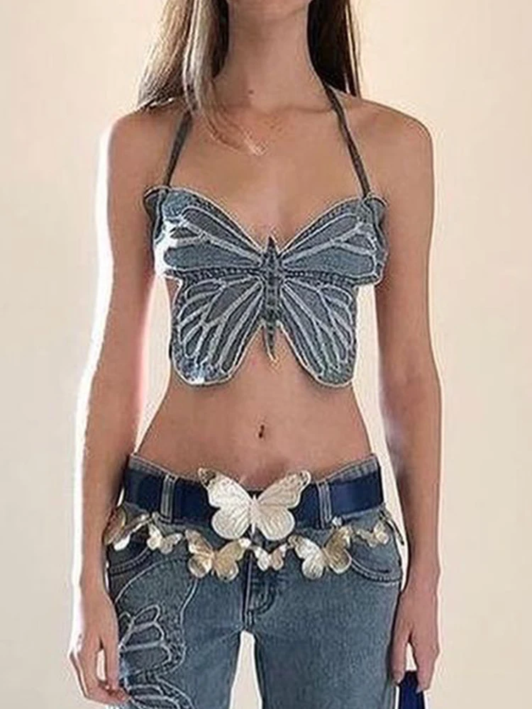 Rapcopter Y2k Butterfly Jeans Crop Top 