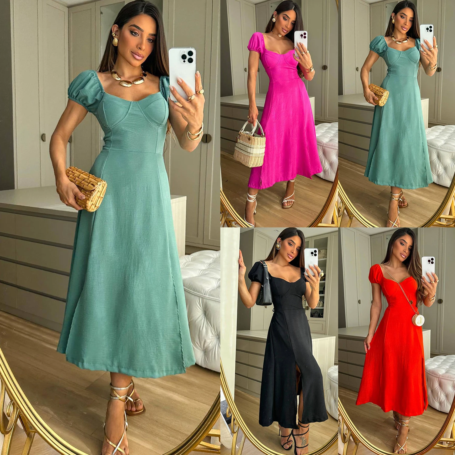 

Women Elegant V Neck Puff Sleeve Slim A Line Dress Spring Summer Solid Color Mid-Calf Dress