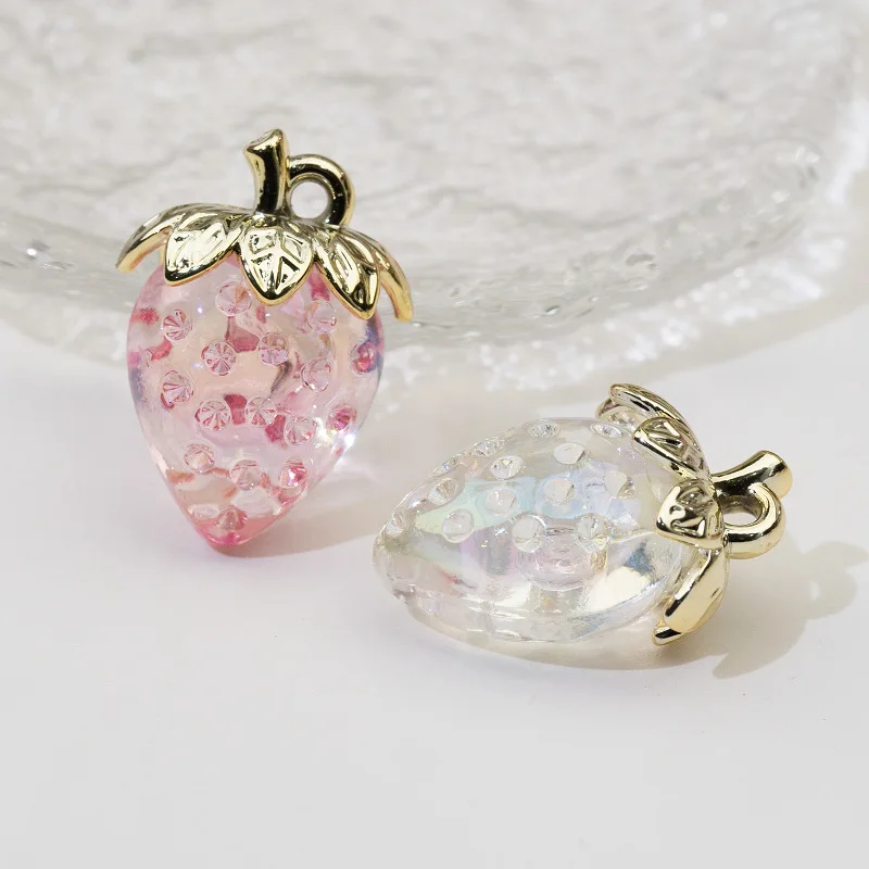Transparent Strawberry Pendant Plated Fruit Pendant Mobile Phone Chain Popular Keychain Material DIY Jewelry Accessories 2pcs