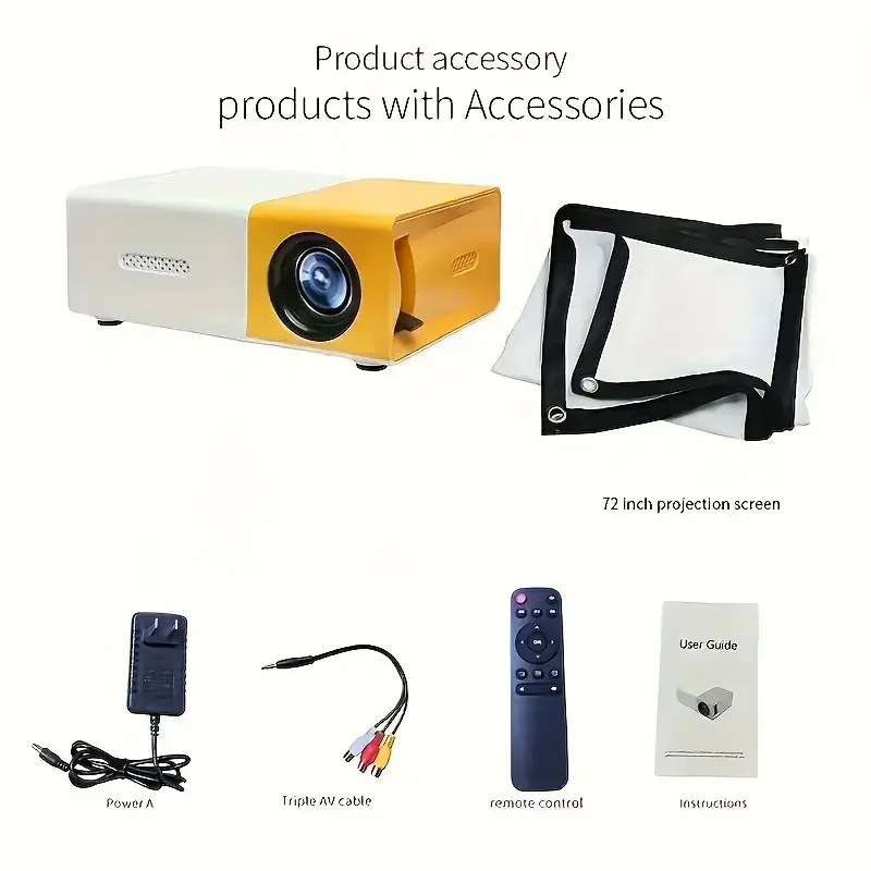 Mini projector 72-inch screen LED lamp life 30000 hours, support hd, compatible with Android/IOS/Windows/HDTV/USB