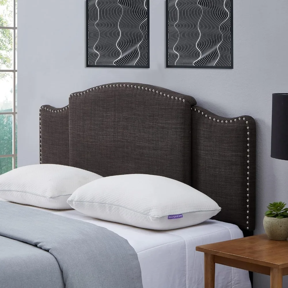 

Bed Headboard Fabric Upholstered Curved Top Design With Nails Full/Queen/King Size 3 In 1,Heights From 37 to 49 inch Dark Grey