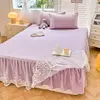 1PCS Pink Elegant Princess Bed Skirt Non-slip Mattress Cover Ruffled Lace Solid Color Bedsheet Protector Bedspread No Pillowcase 5