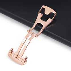 Stainless Steel Watch Buckle for Leather or Rubber Bands - Deployment Clasp with Butterfly Button (Rose Gold)