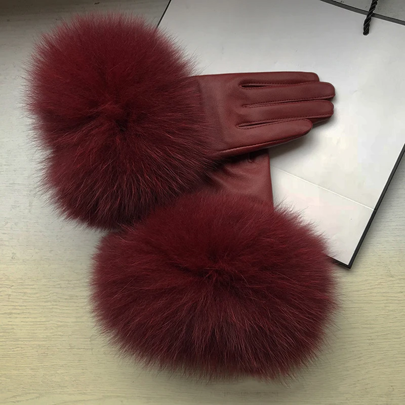 natural-big-fox-fur-women's-genuine-sheepskin-gloves-autumn-winter-elegant-wine-red-women's-plus-velvet-warm-real-leather-gloves