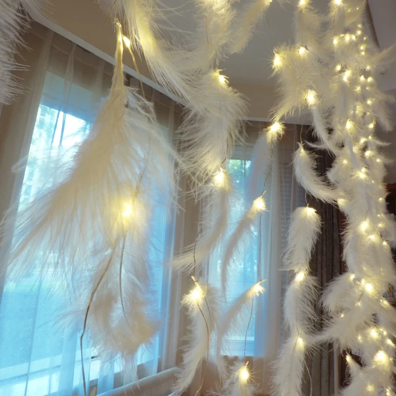 

curtains, decorations, small lights, colorful sky full. Star room, birthday proposal,with feathers