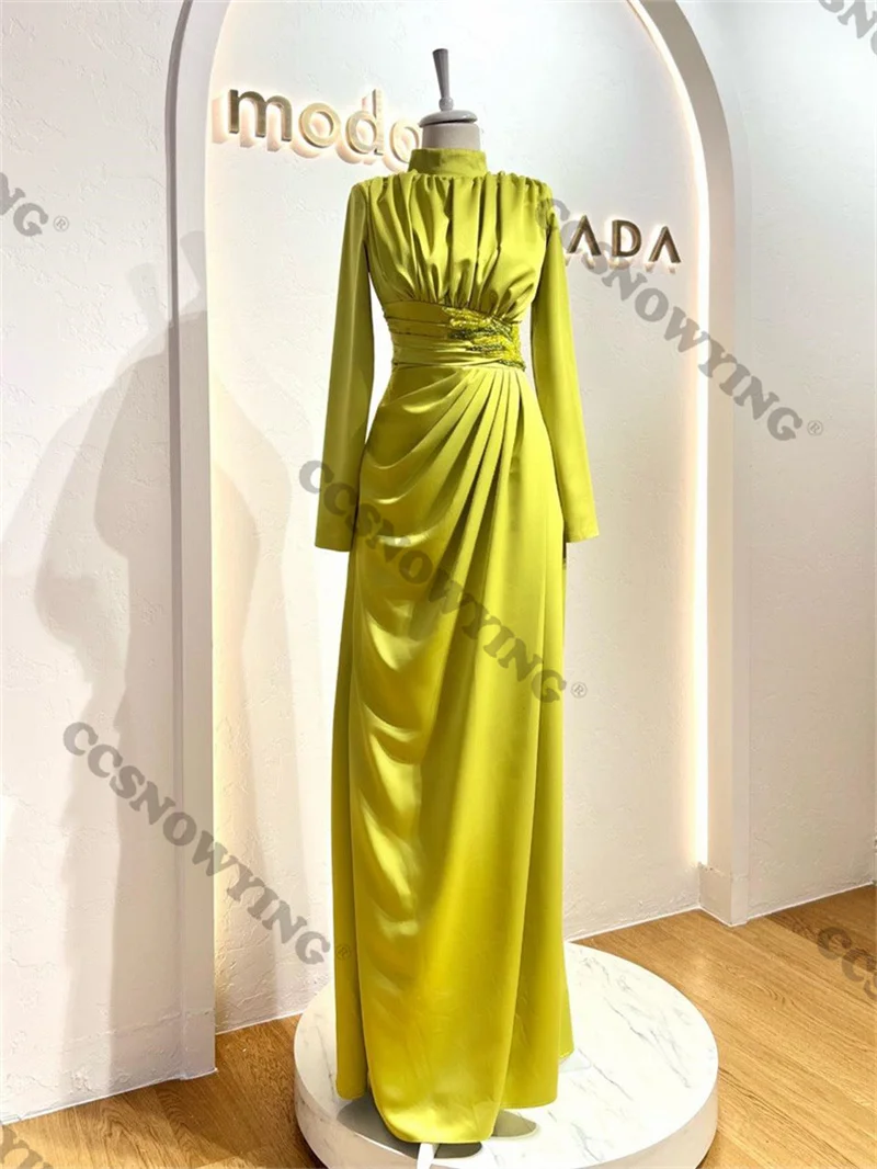 

Satin Appliquies Hijab Muslim Evening Dress Long Sleeve A Line Islamic Formal Party Gowns Arabic Dubai Women Robes De Soirée