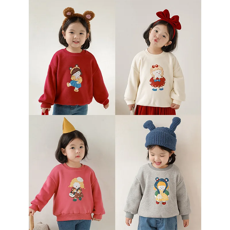 

Winter Girl's Fleece Cartoon Printing Sweatshirt 2023 New Children Korean Long-Sleeved Casual Sweaters Baby Clothes