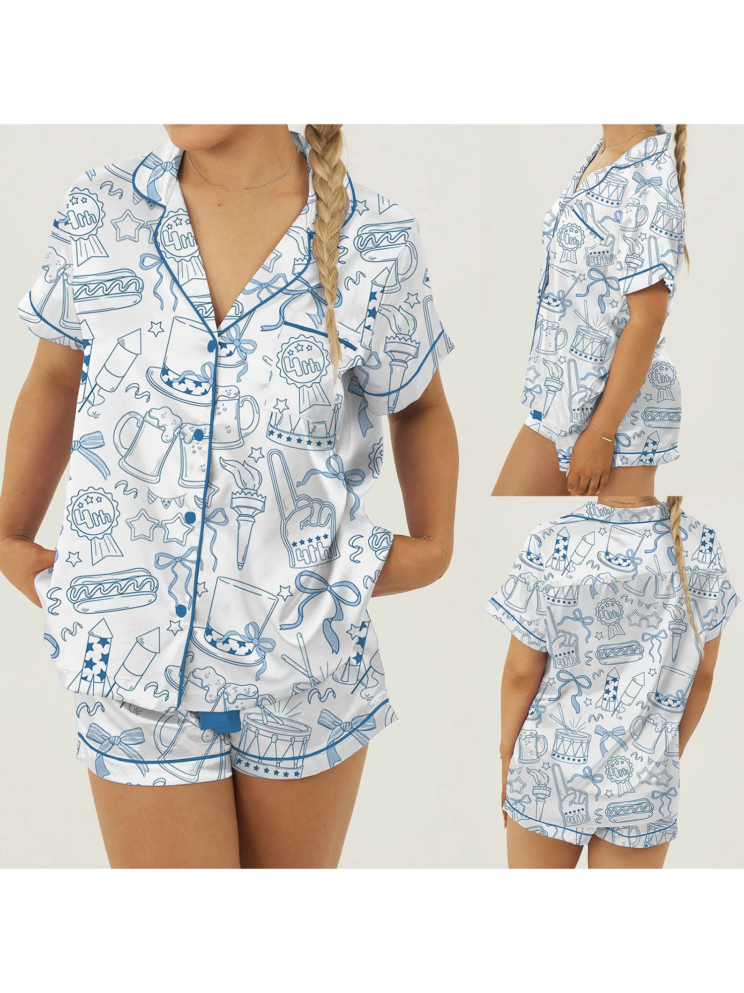 Women s American Flag Print Short Sleeve Lapel Lounge Set with Patriotic Elements Shirt and Shorts Sleepwear Sets