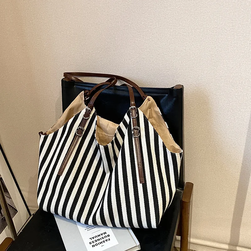 Large Capacity Canvas Bag for Women Fashion Striped Shoulder New Top-handle Travel Bag Shopping Tote Bolsa