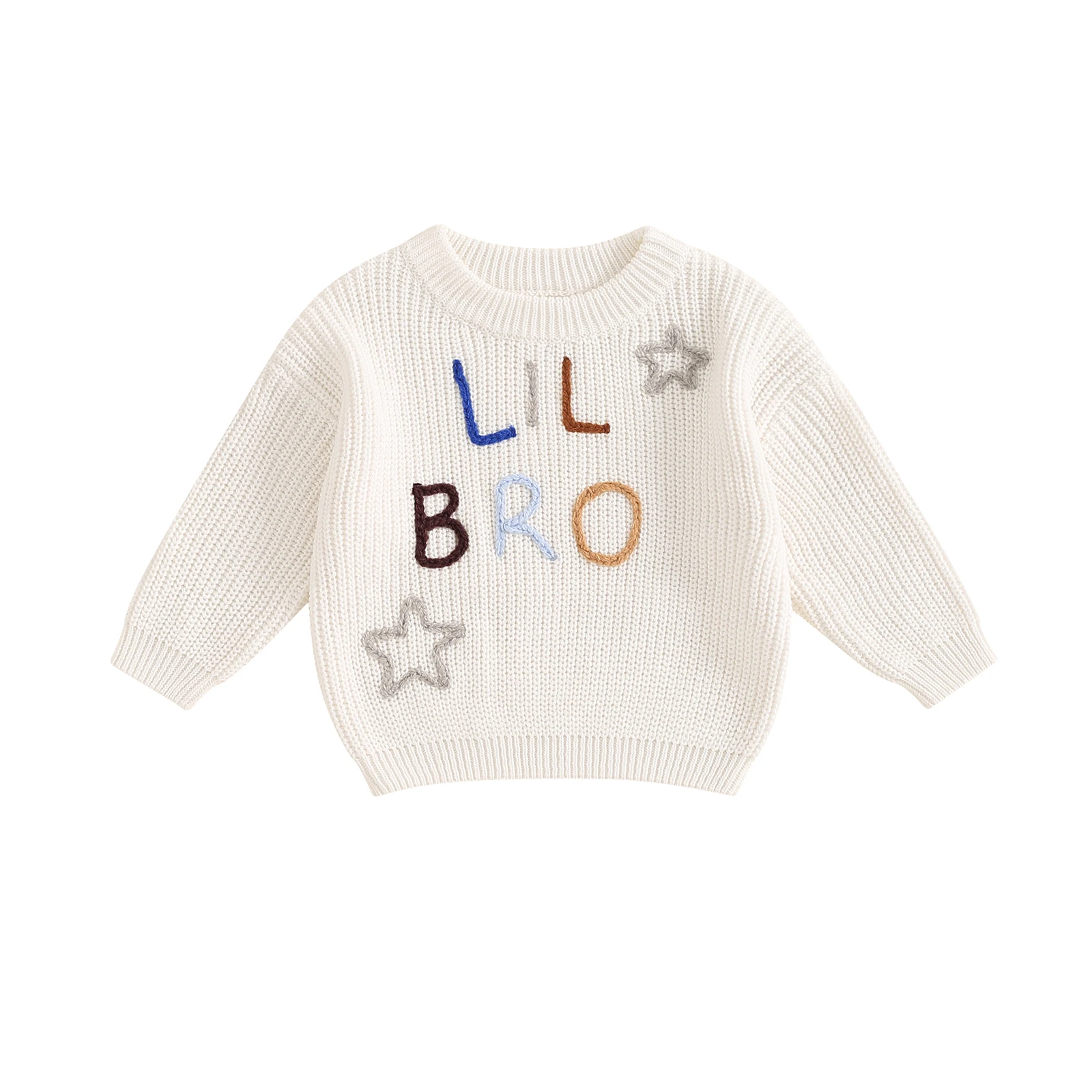 Little Boy Knit Sweater Letter Star Embroidery Crew Neck Long Sleeve Casual Pullover Tops for Fall