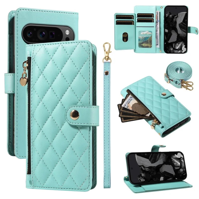 Elegant Leather Zipper Flip Phone Case with Long Lanyard and Wrist Strap Wallet