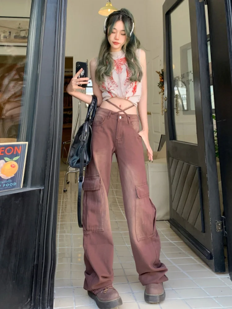 

Vintage Brown Jeans Cargo Pants Fashion Many Pocket Straight Mopping Pants High Street Y2K Baggy Wide Leg Trouser Ladies