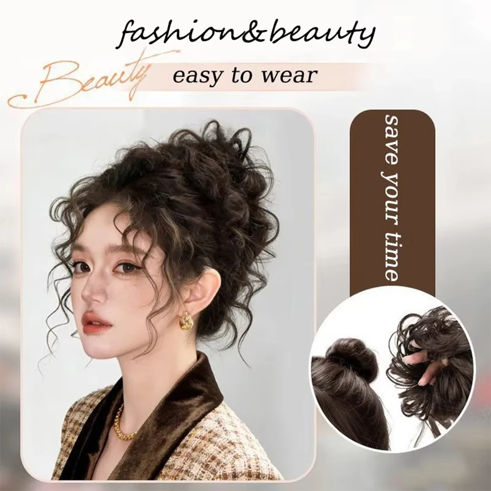 합성 곱슬머리 번 익스텐션 가발 웨이브 곱슬머리 시뇽 번 고무줄 포함 여성용 풍성한 헤어피스 데일리 파티용