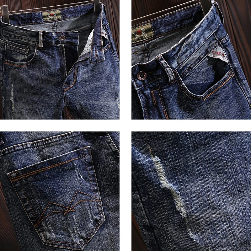 Italian Style Fashion Men Jeans High Quality Retro Blue Slim Fit Ripped Jeans Men Trousers Vintage Designer Denim Pants Hombre