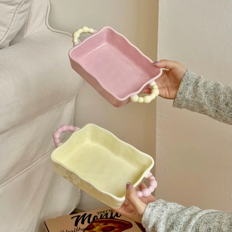 Sinple Cheese Baked Rice Baking Tray Ceramic Double Ear Handheld Pattern Baking Bowl Household Microwave Oven Dessert Plate