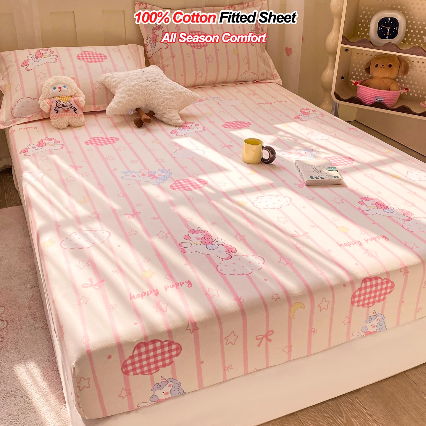 100% Cotton Fitted Sheet, Soft Breathable Cartoon Print Mattress Cover, 25cm Deep Pocket Wrinkle Resistant for 1/2 Person Size 1
