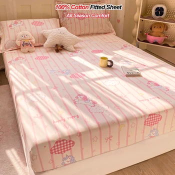 100% Cotton Fitted Sheet, Soft Breathable Cartoon Print Mattress Cover, 25cm Deep Pocket Wrinkle Resistant for 1/2 Person Size 1