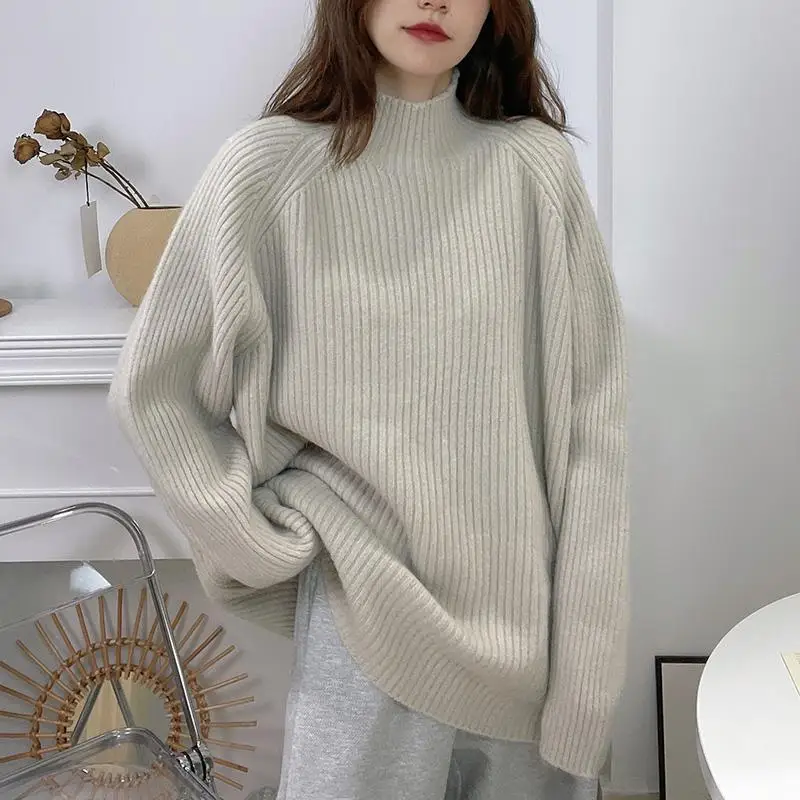 ZZ126 2024 Women's Autumn Winter New Semi-turtleneck Pullover Sweater Knitted Sweater Loose Lazy Wind Thickened Bottoming Top 3