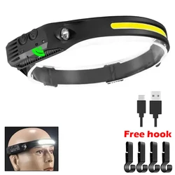 USB Rechargeable LED Sensor Headlamp - Built - in Battery, COB Light for Camping, Fishing, and Outdoor Adventures (One lamp with hook)