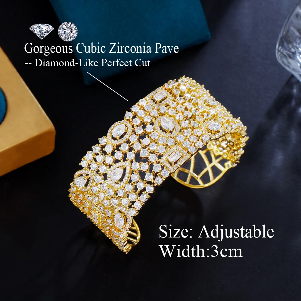 CWWZircons Luxury Statement Chunky Cubic Zirconia Pave Wide Big Bridal Wedding Cuff Bangles for Women Dubai Gold Color BG067 2