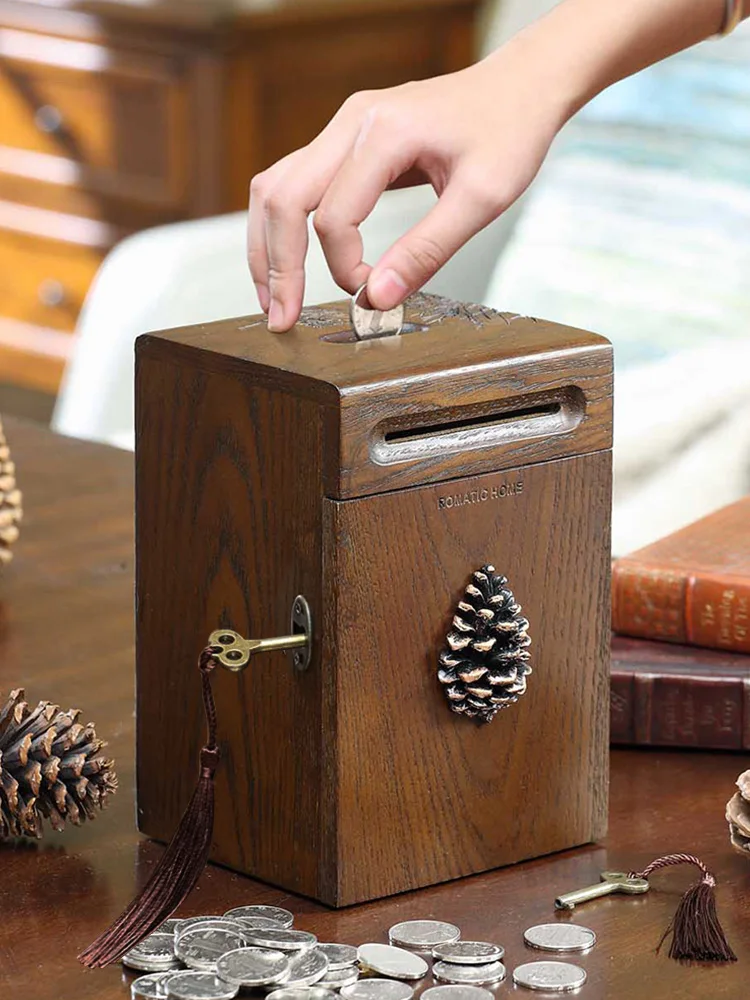 

Solid Wood Piggy Bank with Lock Toy Hidden Safe Creative Luxury Secret Coin Money Box Adult Kids Papper Money hucha Home Decor