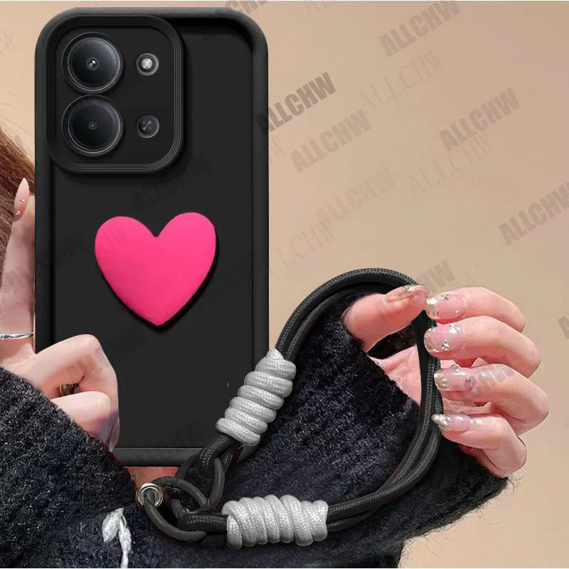 Enhanced Protection TPU Black Case with Love Heart Strap - Shockproof Phone Cover