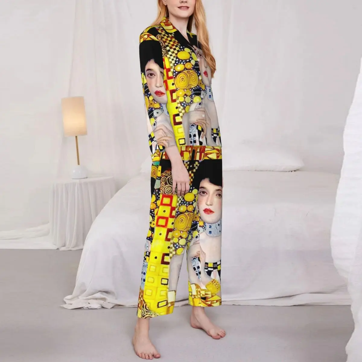 

Ночная рубашка Gustav Klimt, осенняя Женская Повседневная Свободная пижама в стиле оверсайз с золотым портретом, женская элегантная повседневная ночная рубашка
