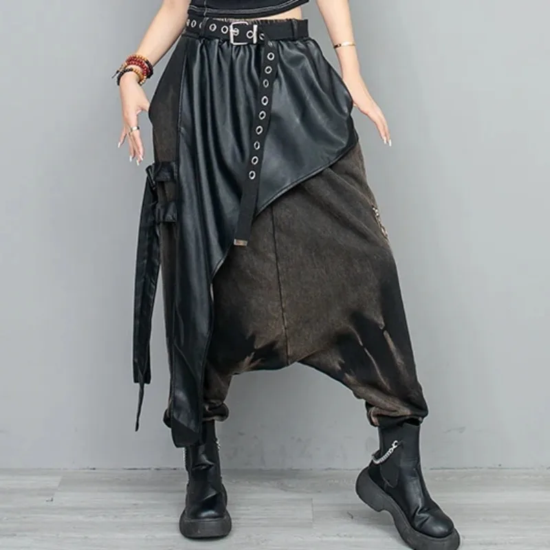 

Street Trendy Cool Design Cotton Patchwork PU Leather Small Foot Hanging Crotch Pants Women 2024 Spring Autumn LX402S