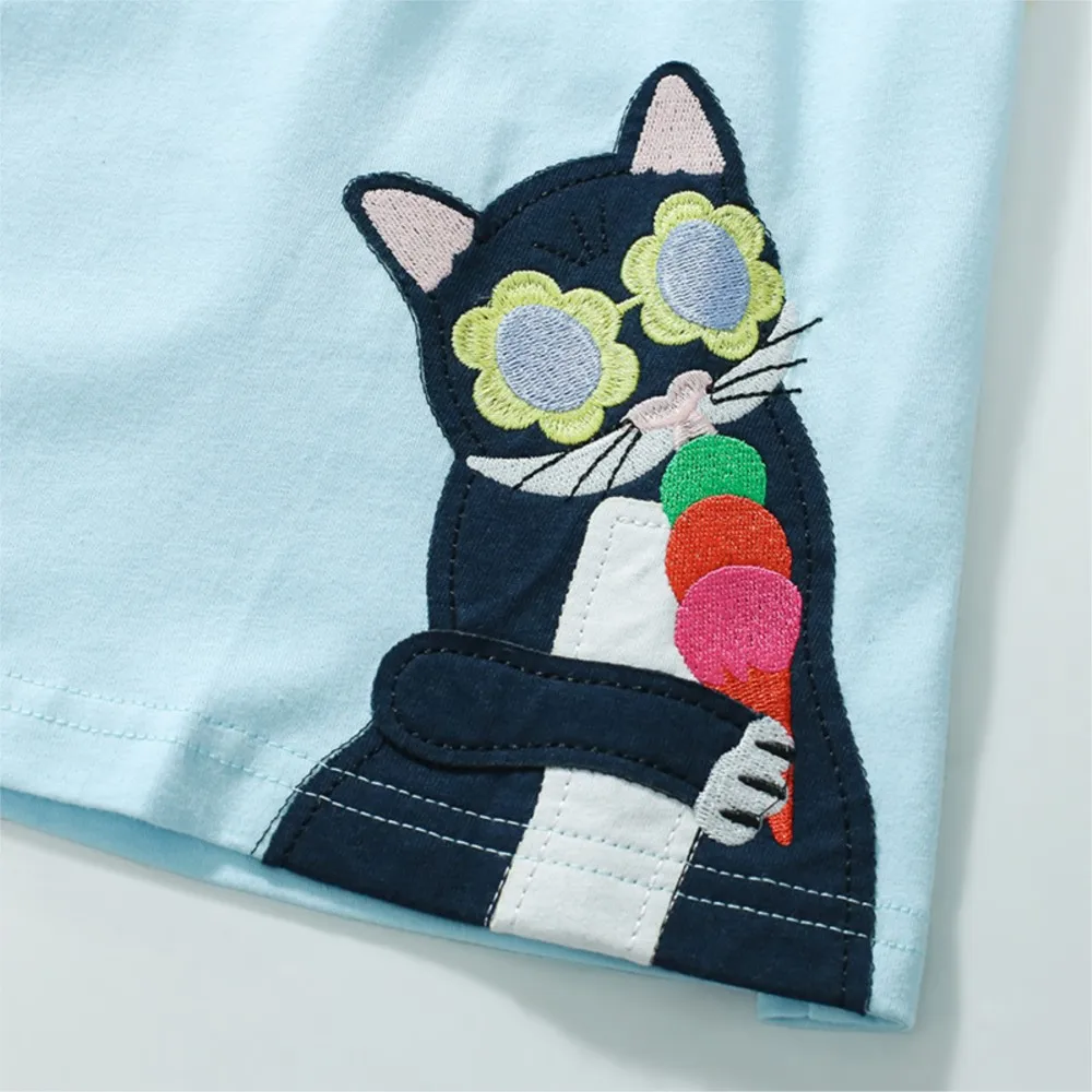 2025 New Summer Children's Clothing Kids Clothes Cartoon Cats Party Dresses Holiday Cotton Casual Vestidos  Gifts