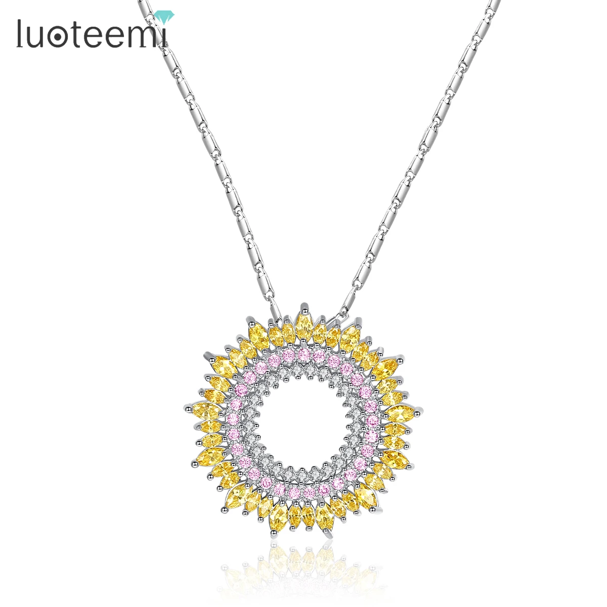 

LUOTEEMI Elegant Big Round Zircon Sunflower Round Pendant White Gold Color Necklace for Women Wedding Accessories Friend Bijoux