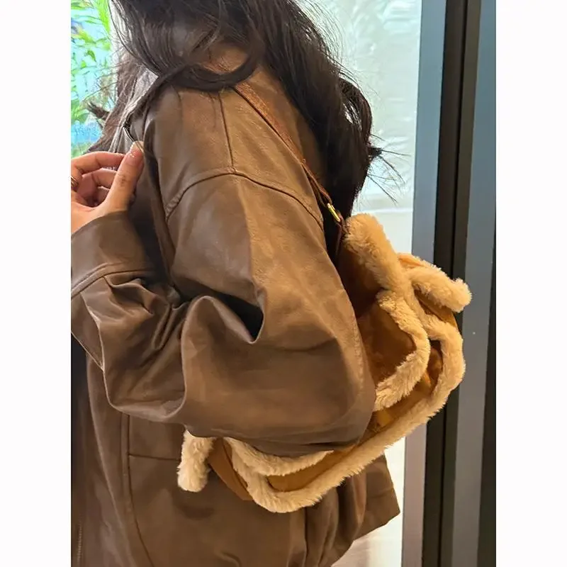 Luxury Suede Women Handbags Maillard Shoulder Bags Vintage Pu Leather Crossbody Bag Autumn and Winter Large Capacity Tote Bag