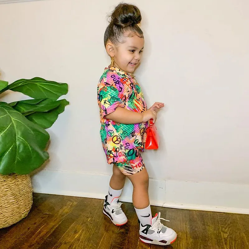 Girls Clothing Set Summer Short Sleeve Tops Rainbow Color Shorts 2pcs Outfits 8Y