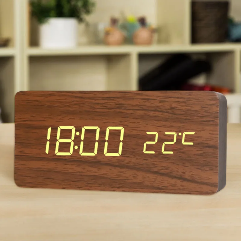 LED Wooden Digital Alarm Clock with Voice Control - Stylish Home Decor Clock