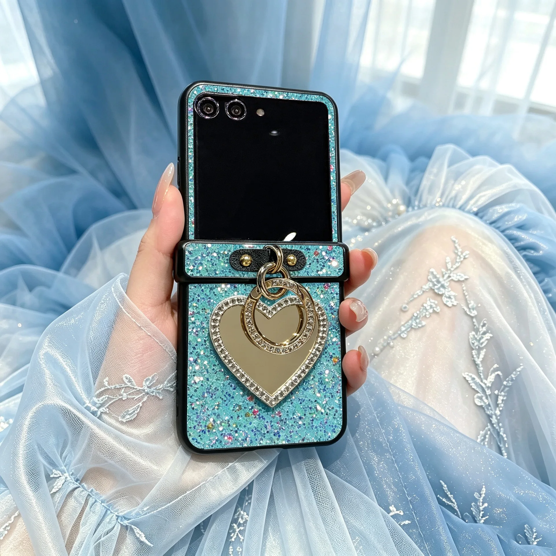 Luxury Ring Buckle Sparkling Phone Case with Glitter Heart Mirror