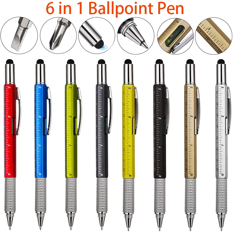 

1 Piece 6 in 1 Tech Tool Pen with Ruler Level gauge Ballpoint Pen Stylus Screw Drivers Multifunction Tool Pen