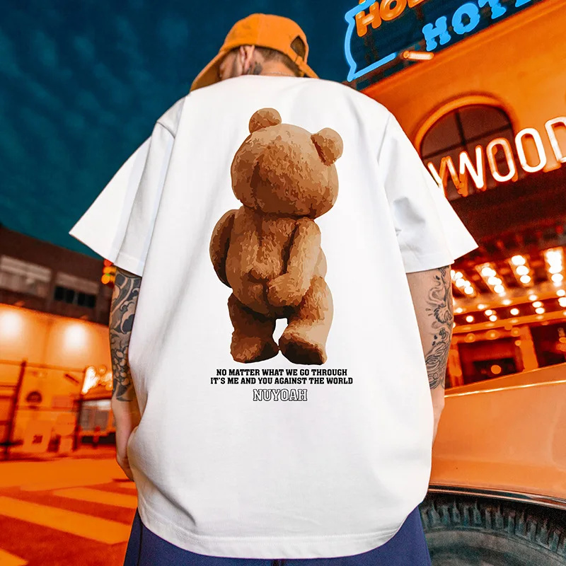 

Summer New Fashion Men's Short-Sleeved T-Shirt Creative Fun Cartoon Bear Print Round Neck Loose Casual Street Hip-Hop Trend Tops