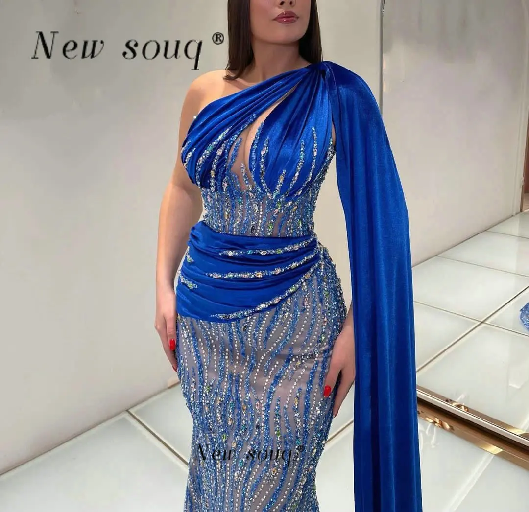 Royal Blue Sparkle Mermaid Evening Dresses Arabic One Long Shoulder Cape Folded Shiny Beaded Sequins Special Occasion Party Gown