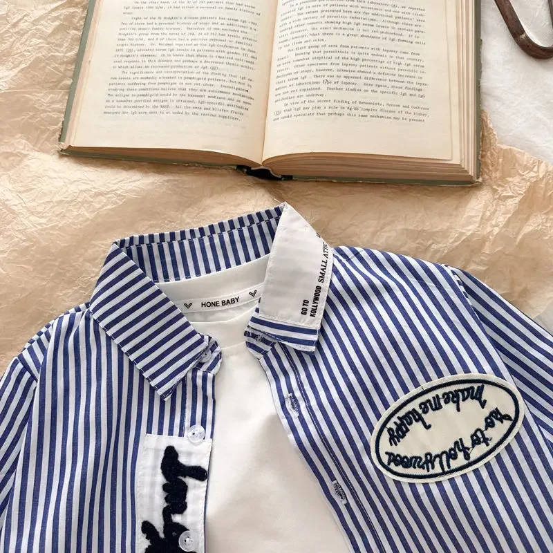 Korean Style Baby Boys Long Sleeve Shirt Striped Turn-down Collar Cotton Top for Autumn Street Fashion Thin Korean S