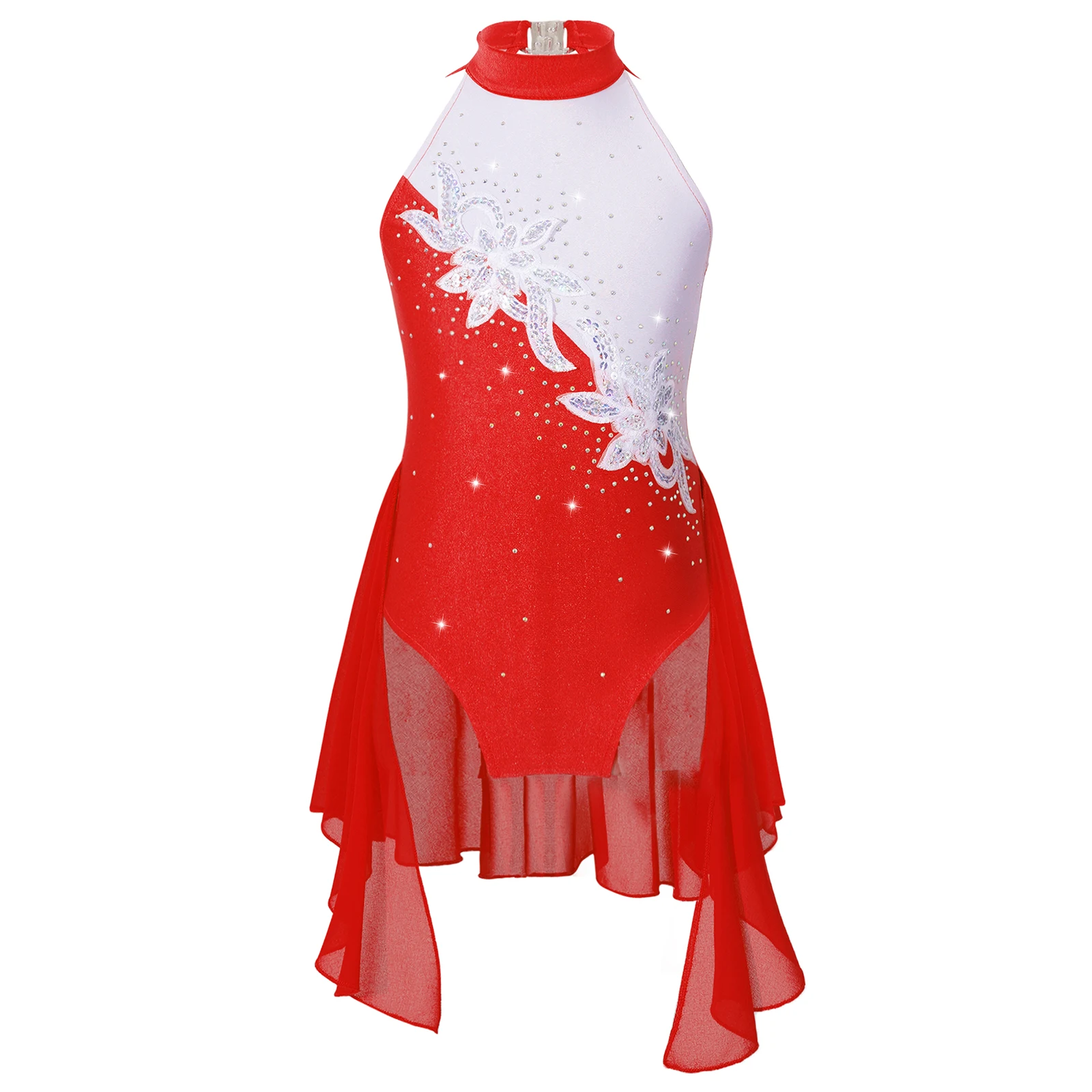 thumbnail image 1 of Vestido de malla de gimnasia para niñas, con lentejuelas brillantes, malla transparente, escote en forma de cerradura, sin mangas, para patinaje artístico, baile lírico, 1 of 4